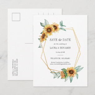 Sunflower Floral Gold Effect Geometric Rustic Save Announcement Postcard