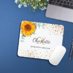 Sunflower floral gold glitter monogram name mouse pad<br><div class="desc">A stylish white  background. Decorated with a watercolored sunflower,  eucalyptus greenery and faux gold glitter dust. Personalise and add your first name,  monogram initials and full name. The name is written with a hand lettered style script.</div>