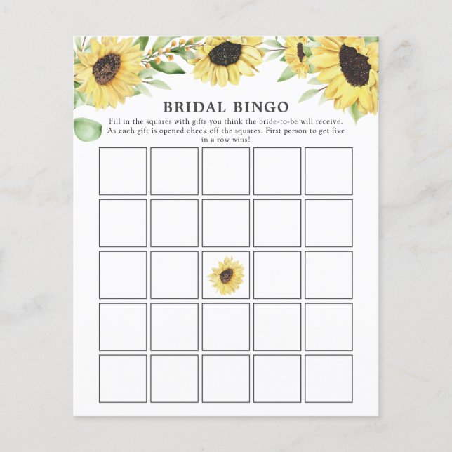 Sunflower Floral Greenery Bridal Shower Bingo Game (Front)
