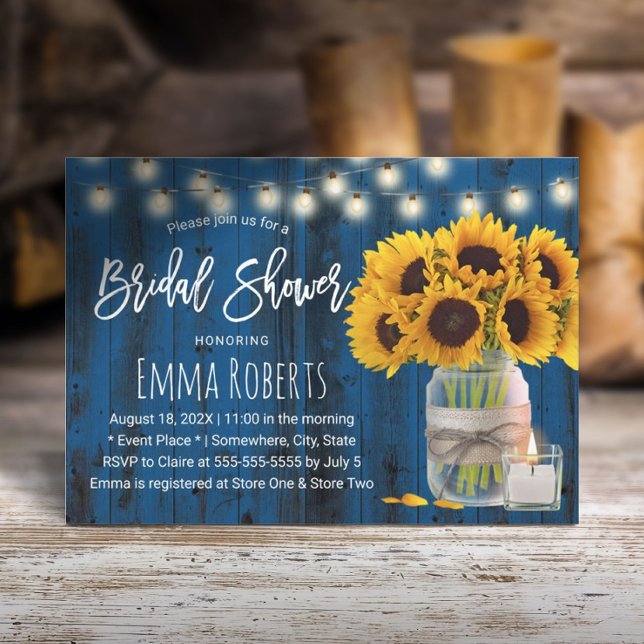 Sunflower Floral Jar Navy Blue Wood Bridal Shower Invitation (Creator Uploaded)