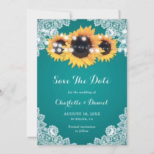 Sunflower Floral Lace String Lights Teal Wedding Save The Date (Front)