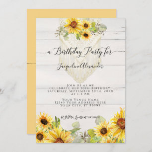 Sunflower Floral Leaf Macrame Boho Birthday Party  Invitation