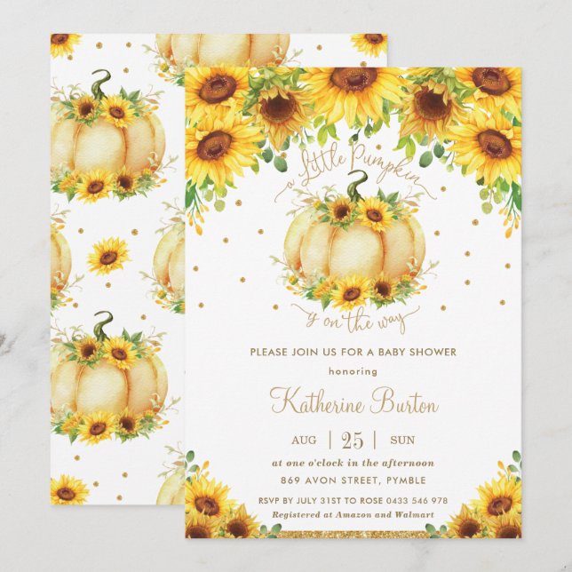Sunflower Floral Little Pumpkin Baby Shower Girl Invitation (Front/Back)
