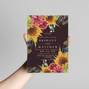 Sunflower Floral Maroon Wedding Invitation