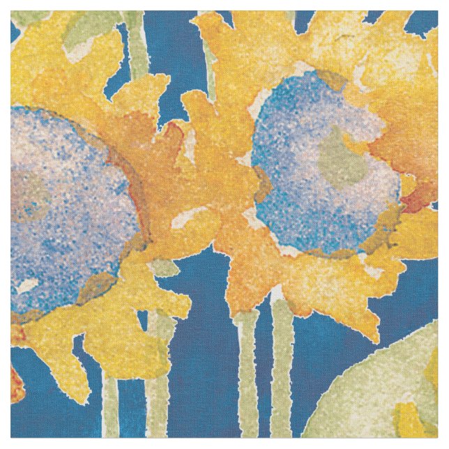 Sunflower Floral Pattern Blue Fabric (Close Up)
