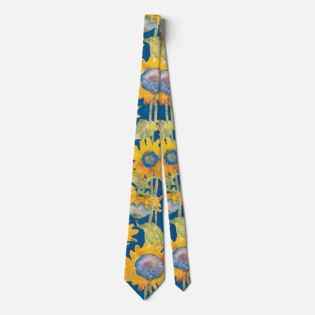 Sunflower Floral Pattern Blue Tie (Front)