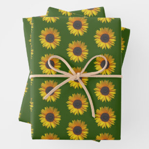 Sunflower Floral Pattern On Green Wrapping Paper Sheet