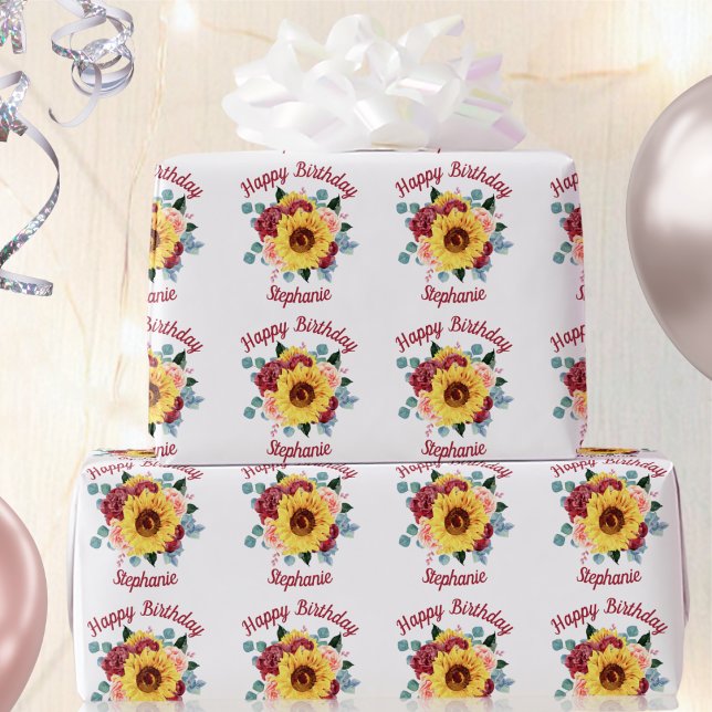 Sunflower Floral Personalised Happy Birthday Wrapping Paper (Creator Uploaded)