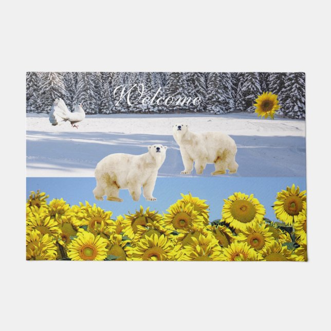 Sunflower Floral Polar Bear Dove  Door Mat (Front)
