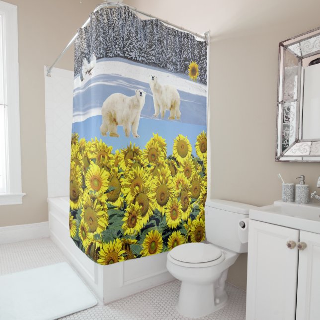 Sunflower Floral Polar Bear Shower Curtain (In Situ)