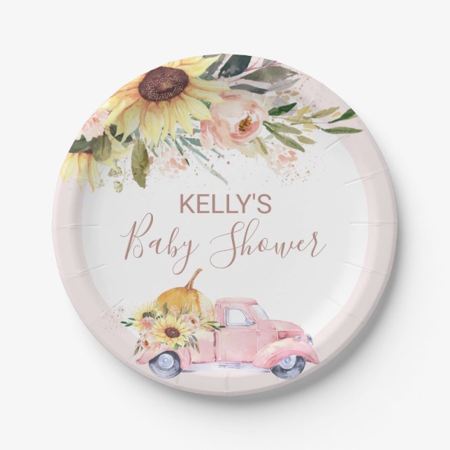 Sunflower Floral Pumpkin Truck Baby Shower Paper Plate (Front)