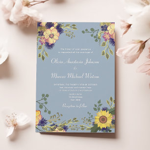 Sunflower Floral Rustic Dusty Blue Wedding Invitation