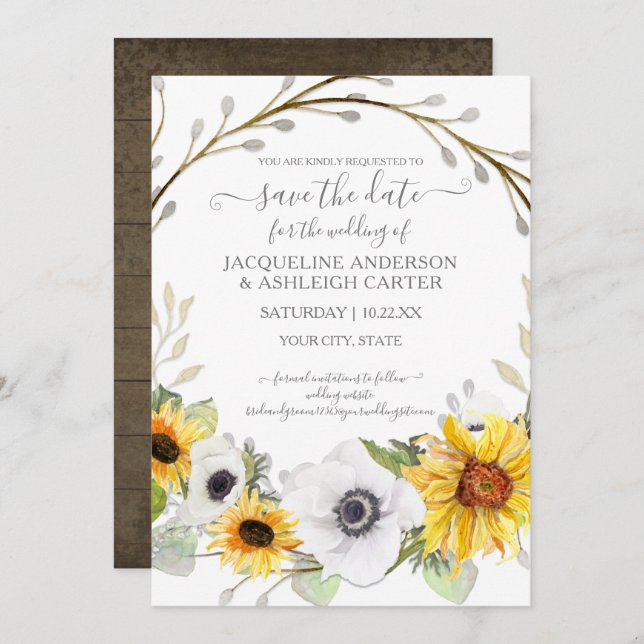 Sunflower Floral Rustic Watercolor Save the Date Invitation (Front/Back)
