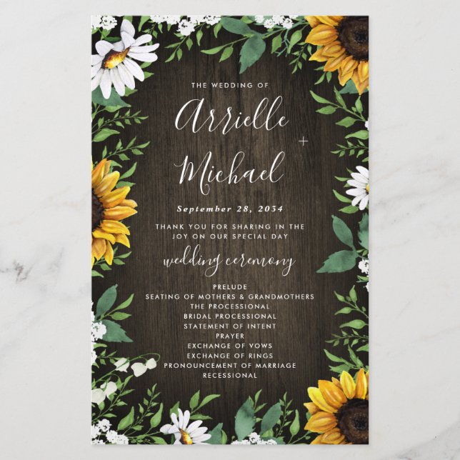 Sunflower Floral Rustic Wood Fall Wedding Programs (Front)