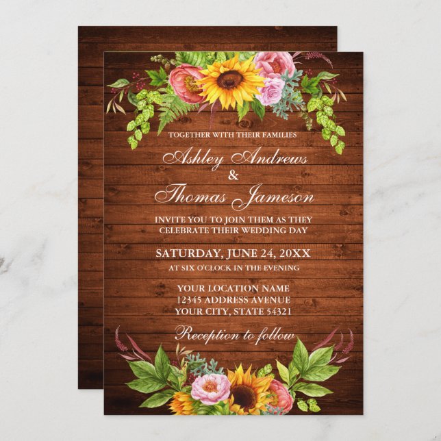 Sunflower Floral Rustic Wood Photo Wedding Invitation (Front/Back)