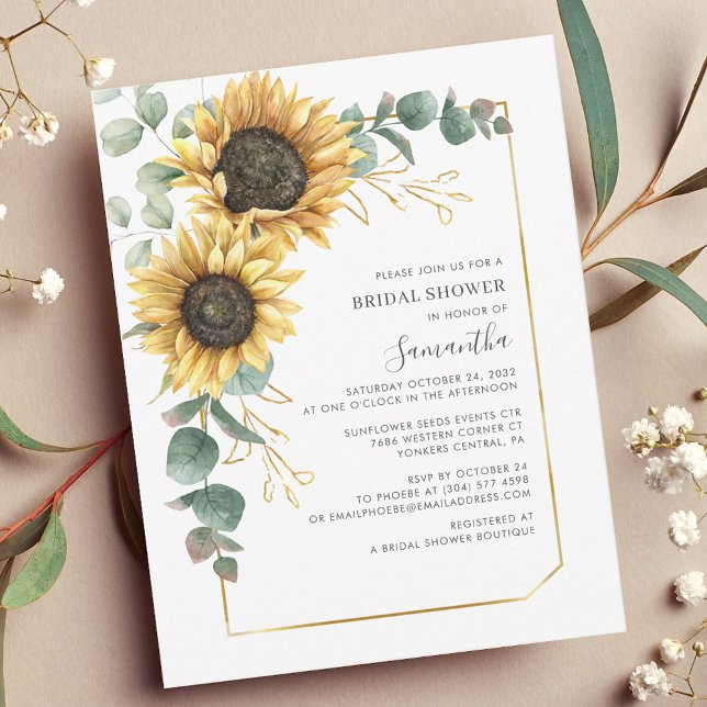 Sunflower Floral Script Bridal Shower Invitation (Floral Sunflower Eucalyptus Script Bridal Shower Invitation)