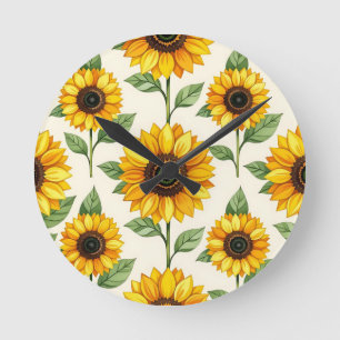 Sunflower Floral Seamless Pattern Bright Yellow Round Clock
