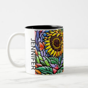 Sunflower Floral Stained Glass Effect Custom Art Two-Tone Coffee Mug