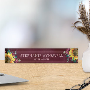 Sunflower Floral Watercolor Burgundy Nameplate