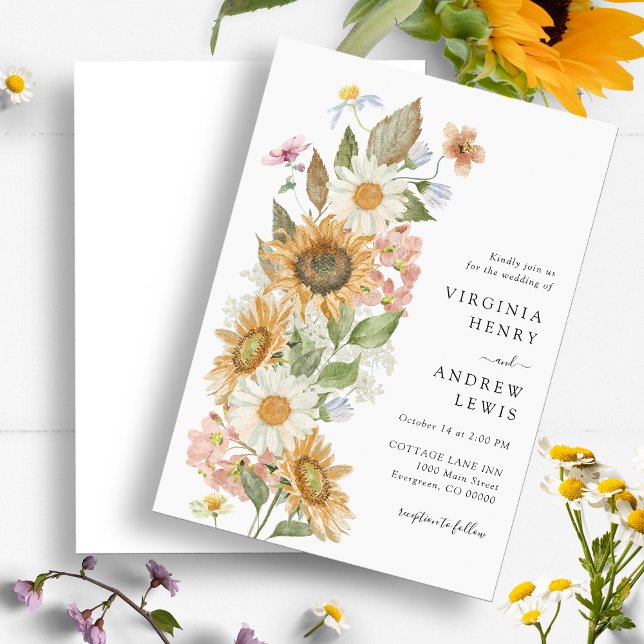 Sunflower Floral Wedding Invitation (Elegant Sunflower Wildflower Floral Wedding Invitation by Painted Paperie
)
