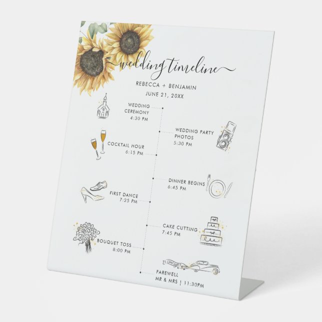 Sunflower Floral Wedding Itinerary and Program Pedestal Sign (Front)