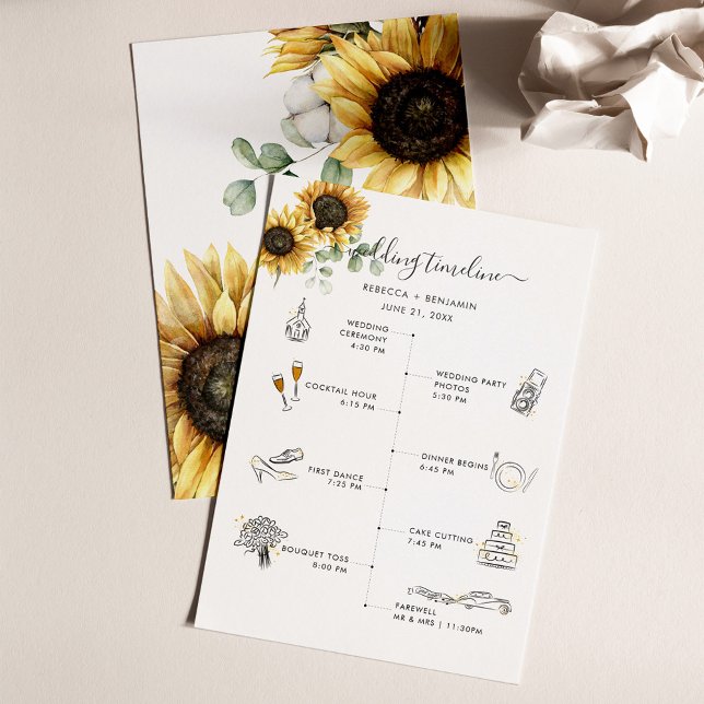 Sunflower Floral Wedding Itinerary with Icons Programme (Floral Sunflower Eucalyptus Wedding Program Timeline Card)