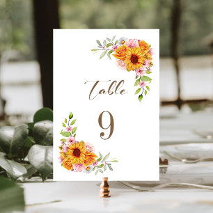 Sunflower Floral Wedding Table Number