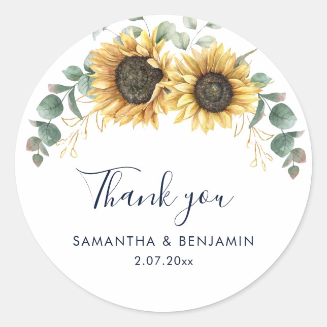 Sunflower Floral Wedding Thank You Favor Classic Round Sticker (Front)