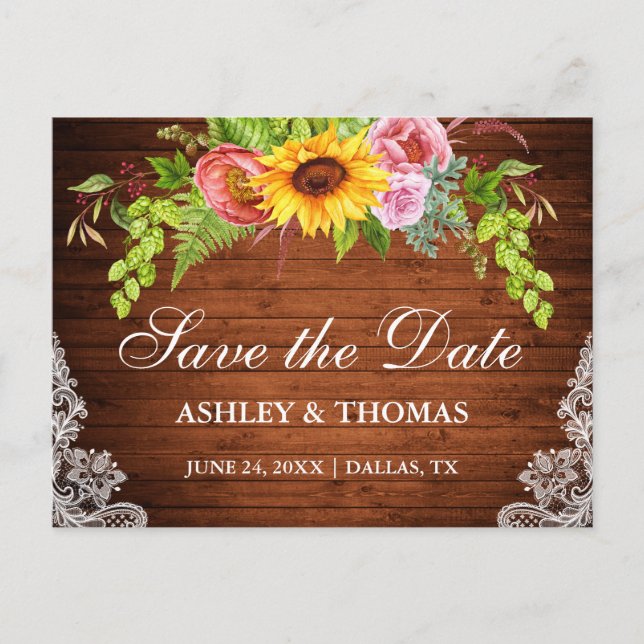 Sunflower Floral Wood Lace Save The Date Invitation Postcard (Front)