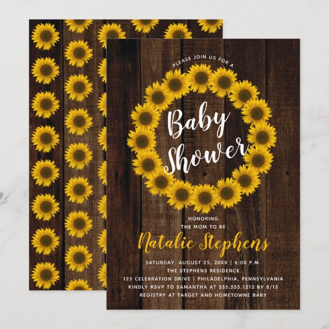 Sunflower Floral Wreath Wood Baby Shower Invite (Front/Back)
