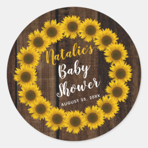 Sunflower Floral Wreath Wood Look Baby Shower Classic Round Sticker