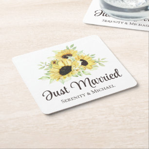 Sunflower Floral Yellow Boho Just Married Wedding Square Paper Coaster