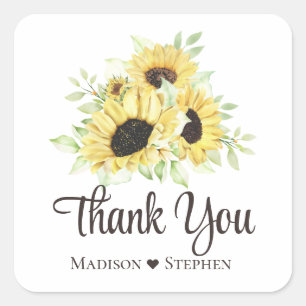  Sunflower Floral Yellow Rustic Thank You Wedding Square Sticker