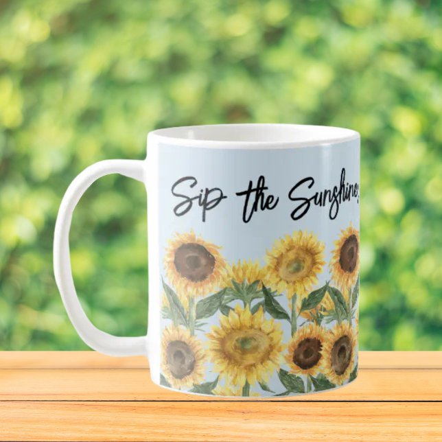 Sunflower Flower Floral Personalised Quote Coffee Mug (Close up, On the table)