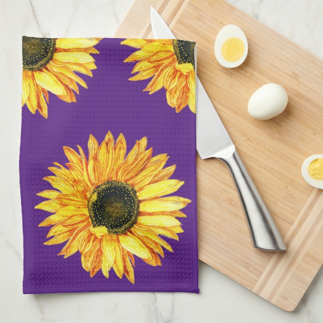 Sunflower Flower on Purple Kitchen Towel (Quarter Fold)