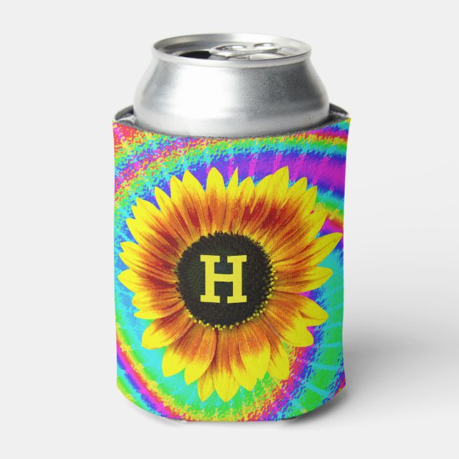 Sunflower Flower Power Tiedyed Retro Monogram Can Cooler (Can Front)