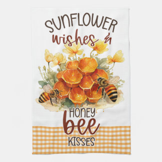Sunflower Flowers Gingham Honey Bees  Tea Towel