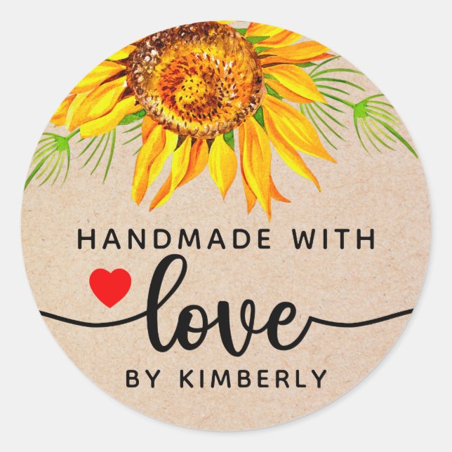 Sunflower Flower's Handmade with Love  Classic Rou Classic Round Sticker (Front)