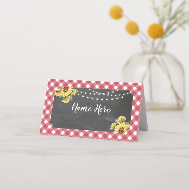 Sunflower Folded Name Cards Wedding Red White (Front)