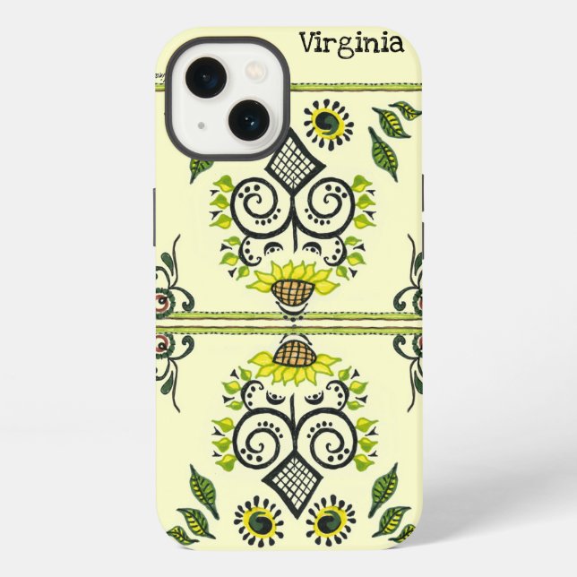 Sunflower Folk Pattern and your name iPhone Case (Back)