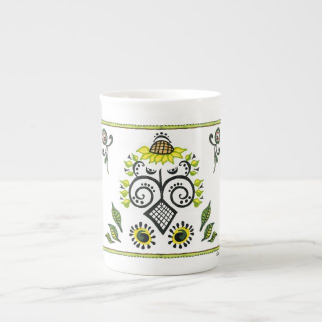 Sunflower Folk Pattern Bone China Mug (Front)