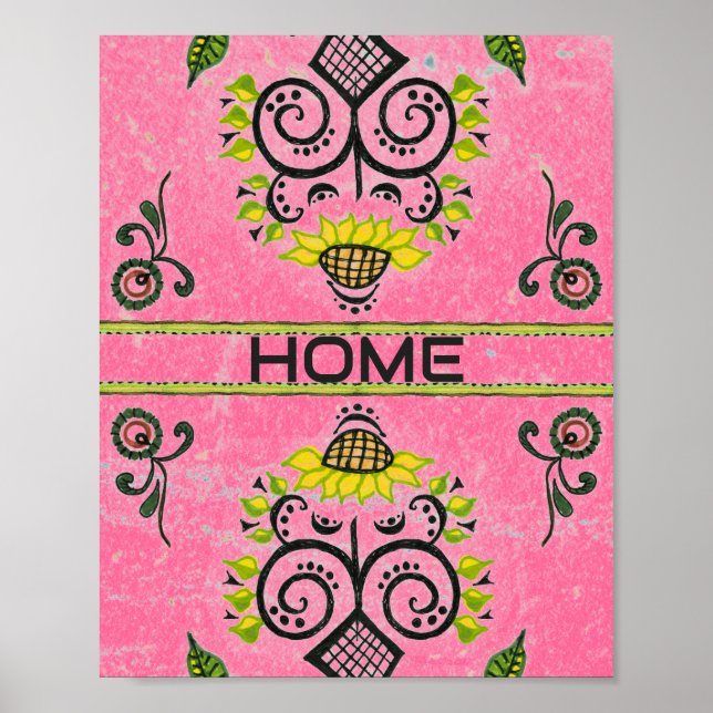 Sunflower Folk Pattern on Pink Poster (Front)