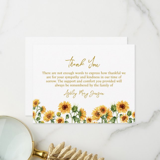 Sunflower Funeral Thank You Note Card Bereavement (Front/Back In Situ)
