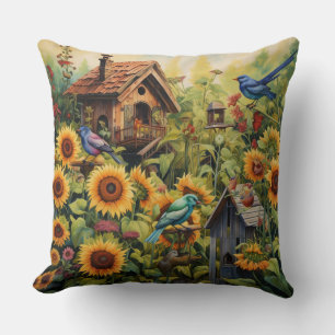 Sunflower Garden 10 Bird Houses Blue Birds Cushion
