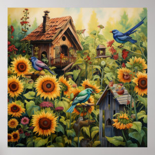 Sunflower Garden 10 Bird Houses Blue Birds Poster
