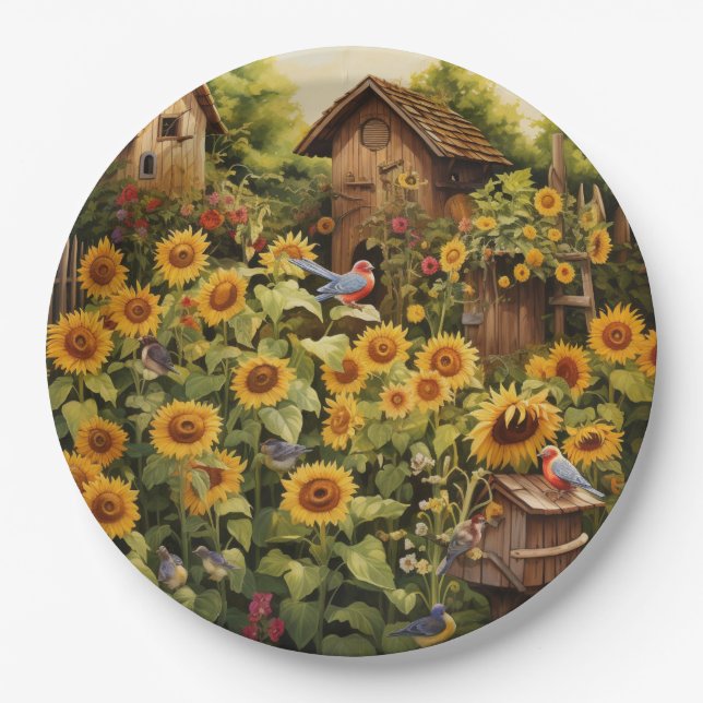 Sunflower Garden 12 Bird Houses Blue Birds Paper Plate (Front)