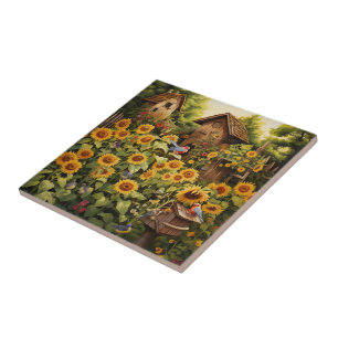 Sunflower Garden 12 Bird Houses Blue Birds Tile