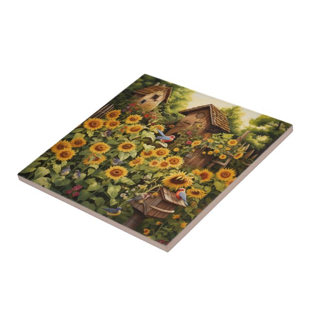 Sunflower Garden 12 Bird Houses Blue Birds Tile (Side)
