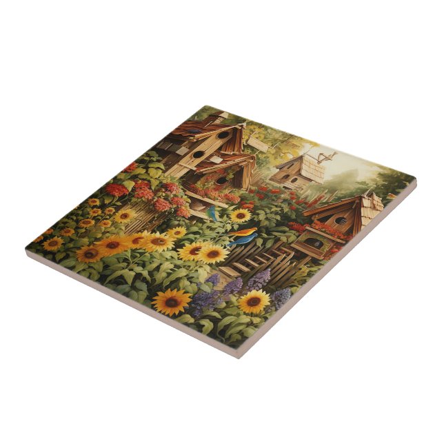 Sunflower Garden 13 Bird Houses Blue Birds Tile (Side)