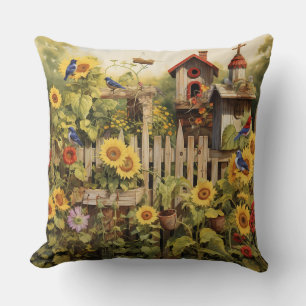 Sunflower Garden 14 Bird Houses Blue Birds Cushion